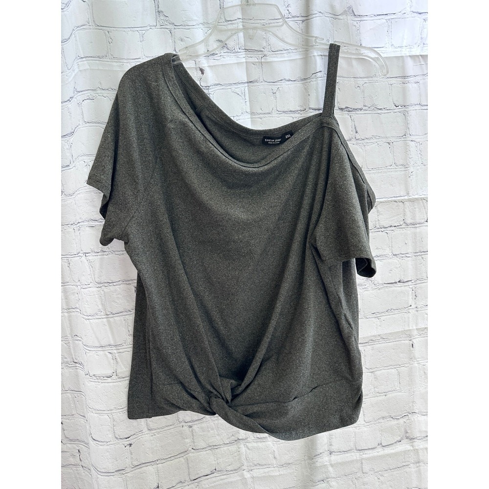 SHEIN CURVE Twist Knot One Shoulder Top Casual Tee Shirt Gray 2XL